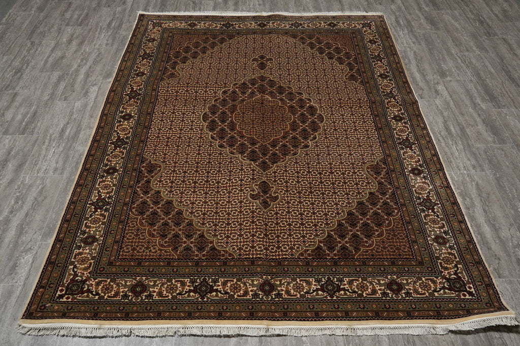 5.8 x 8 Quality Hand-Knotted Wool and Silk Tabriz Mahi Rug EARTH TONES #F-3062