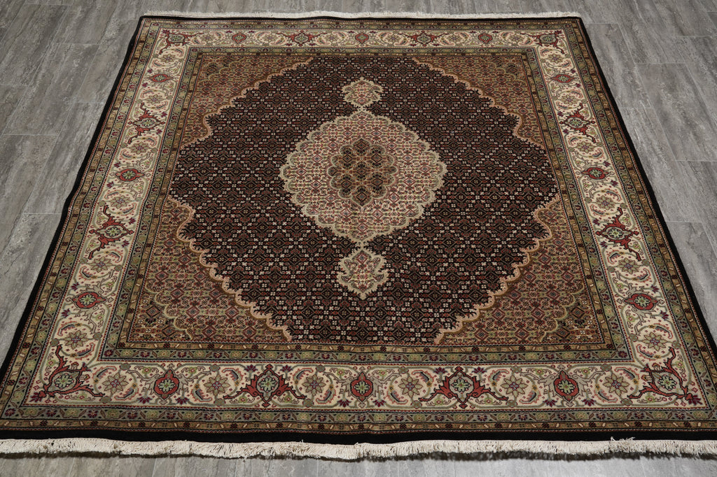 6.5 x 6.8 SQUARE Quality Hand-Knotted Wool and Silk Mahi Tabriz Rug #F-3064