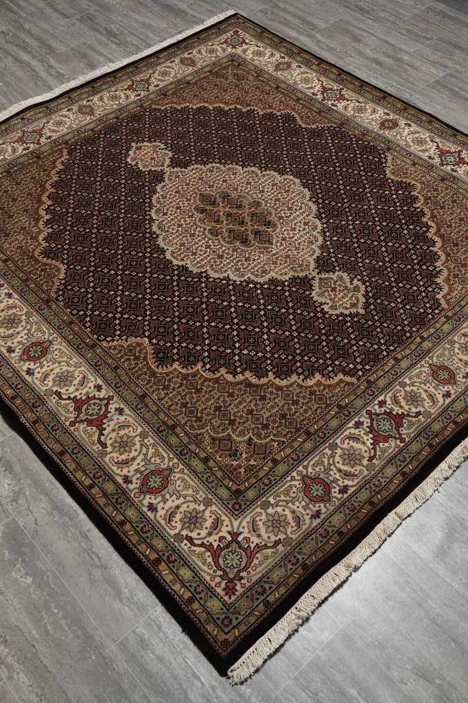 6.5 x 6.8 SQUARE Quality Hand-Knotted Wool and Silk Mahi Tabriz Rug #F-3064