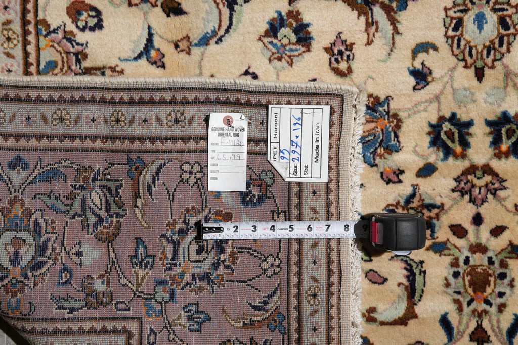6.5 x 9.9 Persian Kashan Rug – Ivory Field with Rose Border, Hand-Knotted Floral Design #F-4120