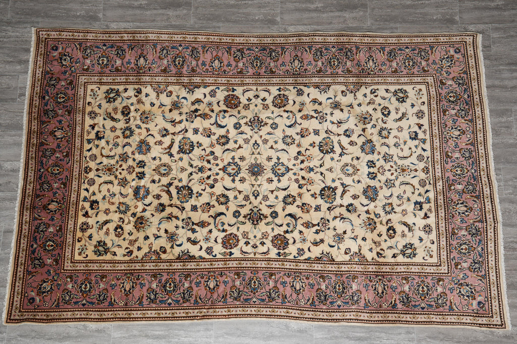 6.5 x 9.9 Persian Kashan Rug – Ivory Field with Rose Border, Hand-Knotted Floral Design #F-4120