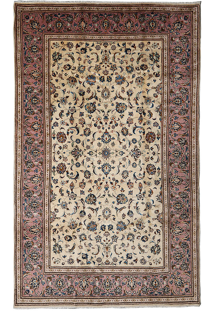 6.5 x 9.9 Persian Kashan Rug – Ivory Field with Rose Border, Hand-Knotted Floral Design #F-4120
