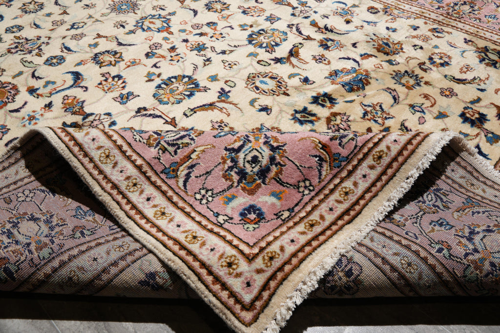 6.5 x 9.9 Persian Kashan Rug – Ivory Field with Rose Border, Hand-Knotted Floral Design #F-4120