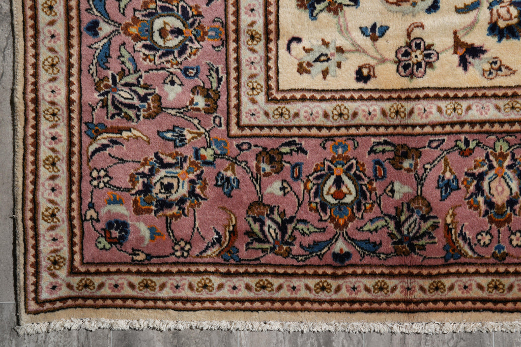 6.5 x 9.9 Persian Kashan Rug – Ivory Field with Rose Border, Hand-Knotted Floral Design #F-4120