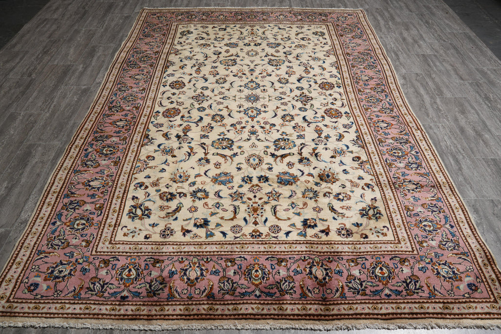 6.5 x 9.9 Persian Kashan Rug – Ivory Field with Rose Border, Hand-Knotted Floral Design #F-4120