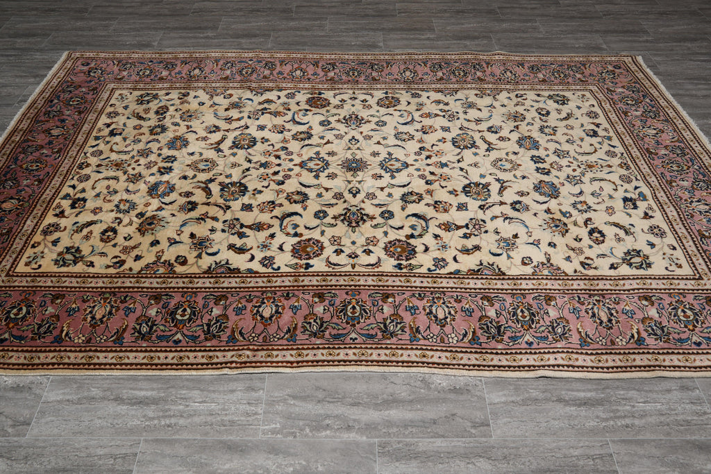 6.5 x 9.9 Persian Kashan Rug – Ivory Field with Rose Border, Hand-Knotted Floral Design #F-4120