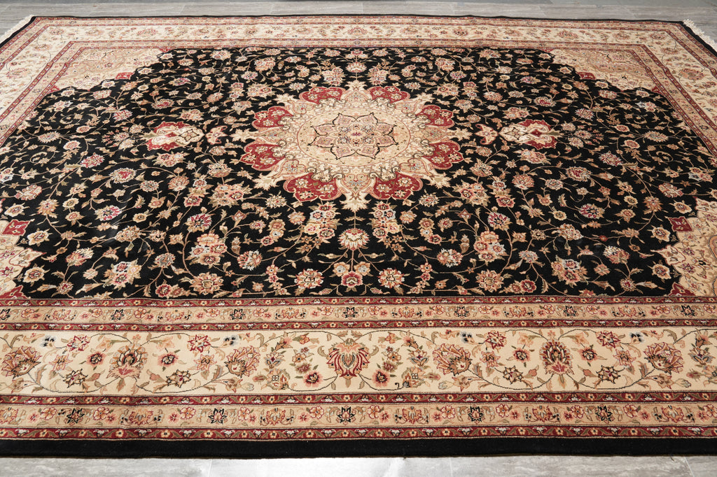 9.9 X 13.9 Quality Wool and Silk Sino Tabriz Rug Black#PIX-10029