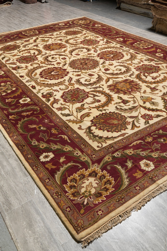 9.10 x 14 Quality Handmade Jaipur Rug Ivory Burgundy #PIX-5872