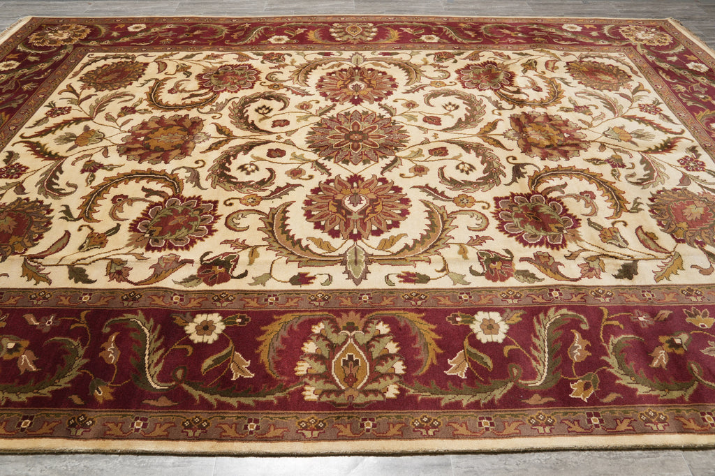 9.10 x 14 Quality Handmade Jaipur Rug Ivory Burgundy #PIX-5872