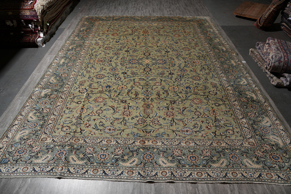 11 x 15 Light Green Authentic Persian Kashan rug #F-4123