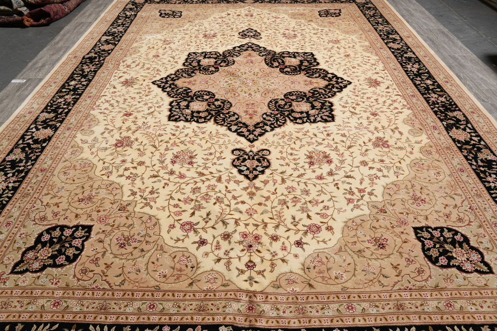 10.2 x 14.7 Wool and Silk Quality Hand-Knotted Rug Ivory Black #PIX-5896