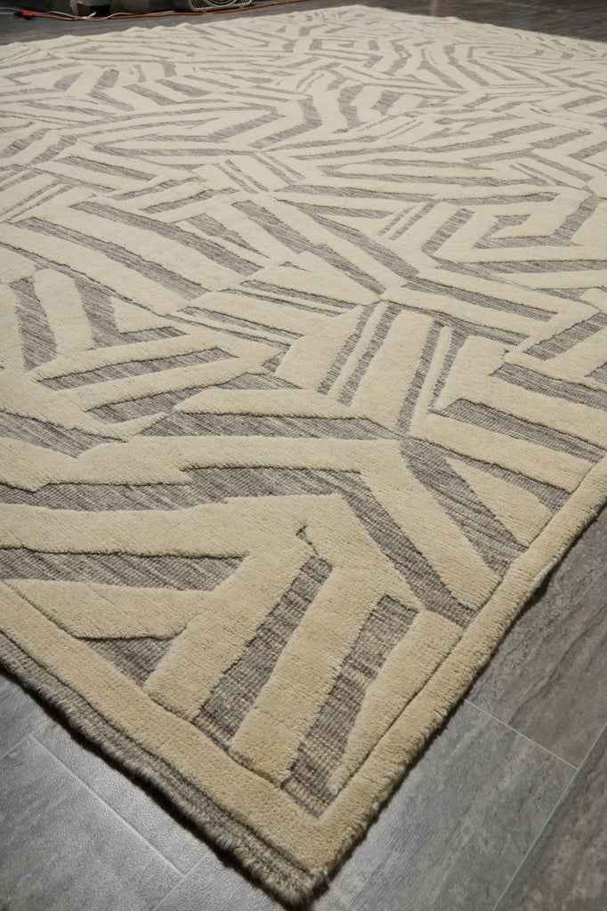 9.3 x 13.7 Great Handmade Modern Rug Carved Raised Natural Wool Pile Ivory #F-3319