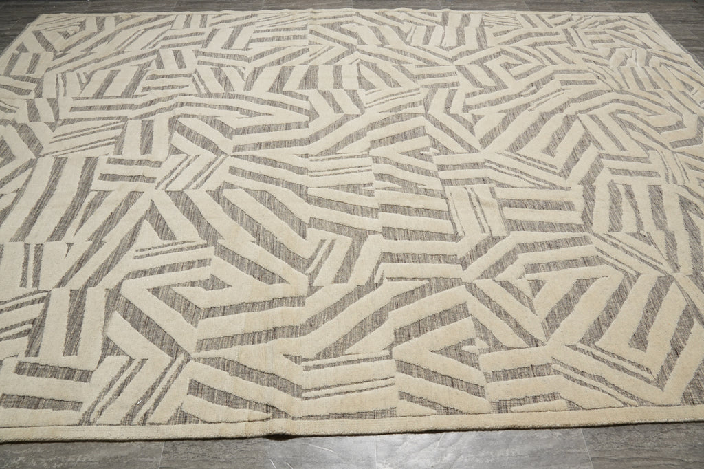 9.3 x 13.7 Great Handmade Modern Rug Carved Raised Natural Wool Pile Ivory #F-3319