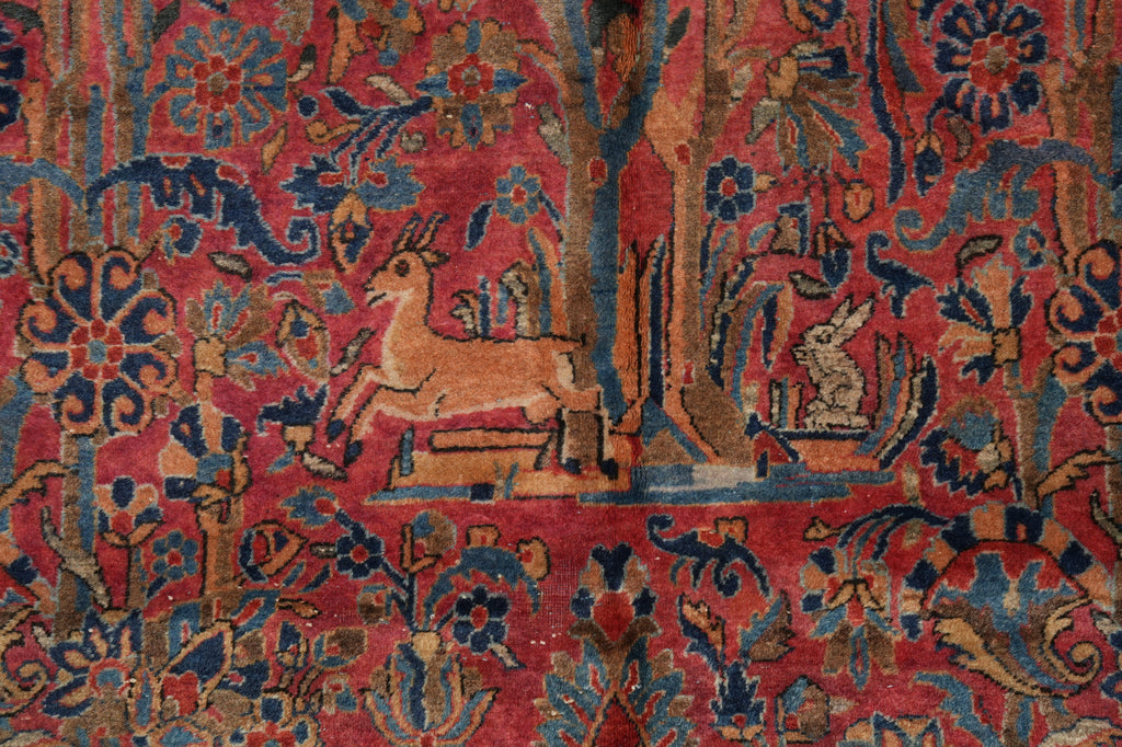 13 x 22.3 ANTIQUE 1930's High Quality Persian Kashan Rug TREES BIRDS DEERS #PIX-16268