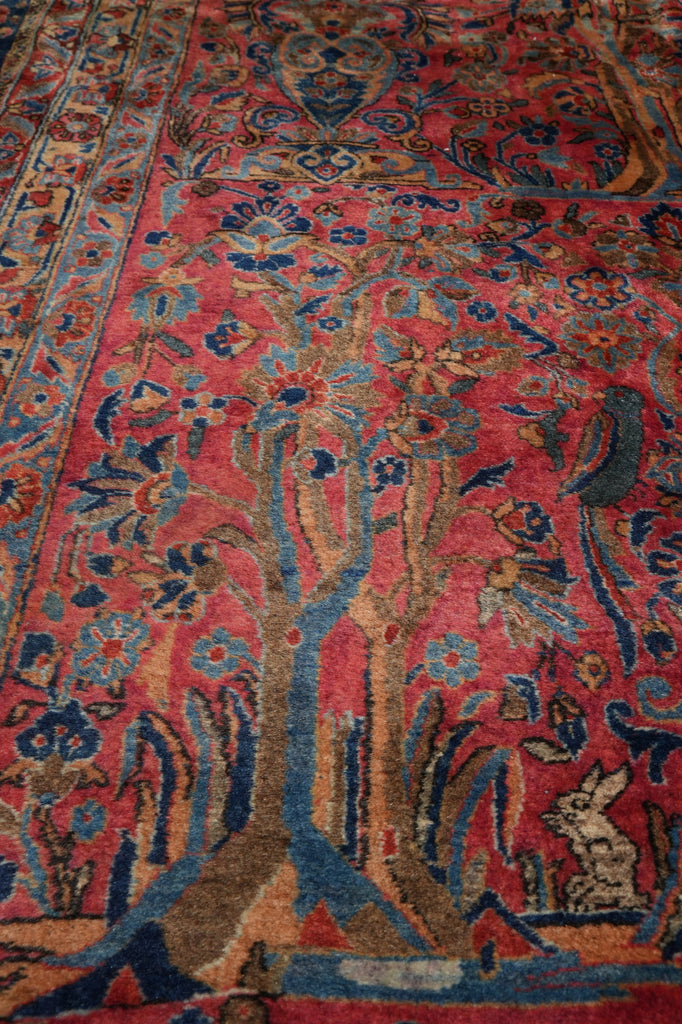 13 x 22.3 ANTIQUE 1930's High Quality Persian Kashan Rug TREES BIRDS DEERS #PIX-16268