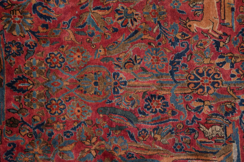 13 x 22.3 ANTIQUE 1930's High Quality Persian Kashan Rug TREES BIRDS DEERS #PIX-16268