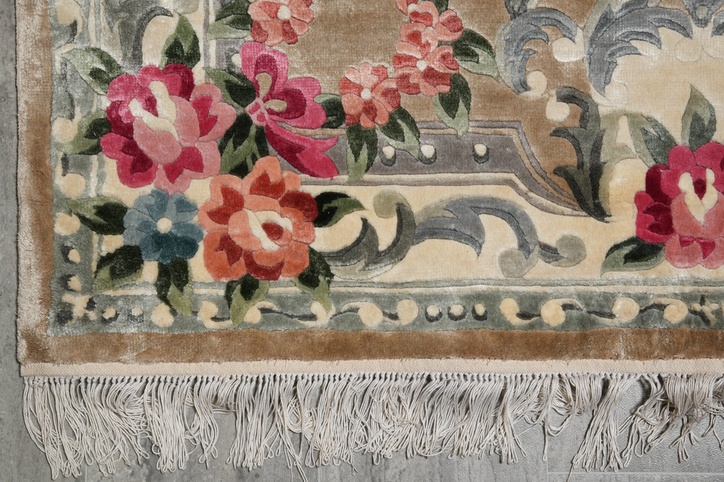 4 x 6 French Aubusson Handmade Art Silk Rug Gold #PIX-14433