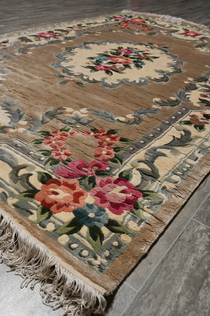 4 x 6 French Aubusson Handmade Art Silk Rug Gold #PIX-14433