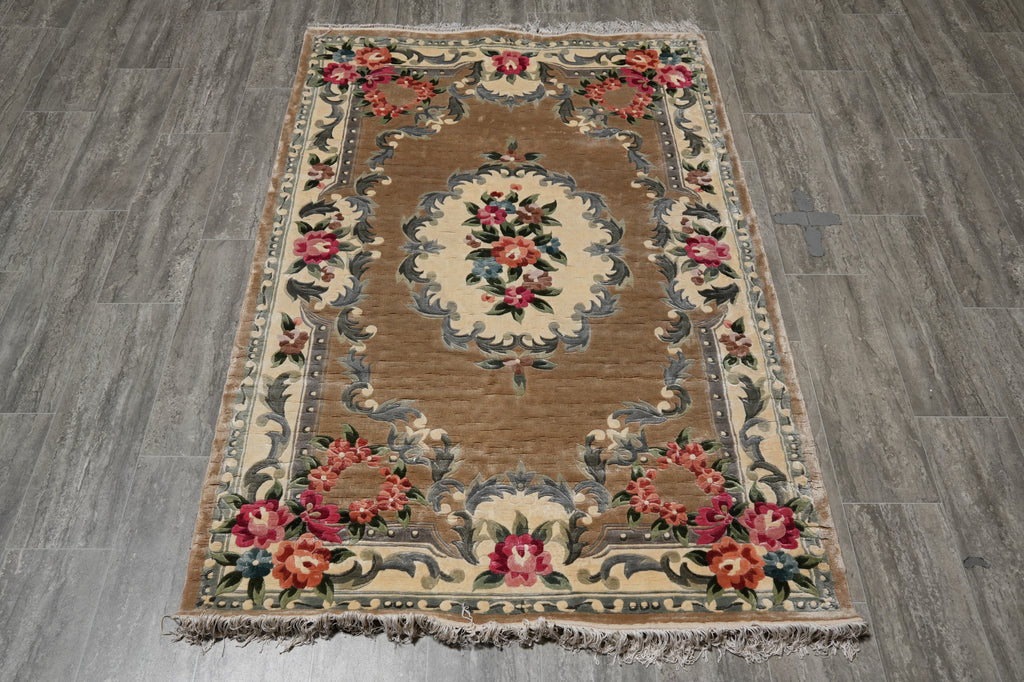 4 x 6 French Aubusson Handmade Art Silk Rug Gold #PIX-14433