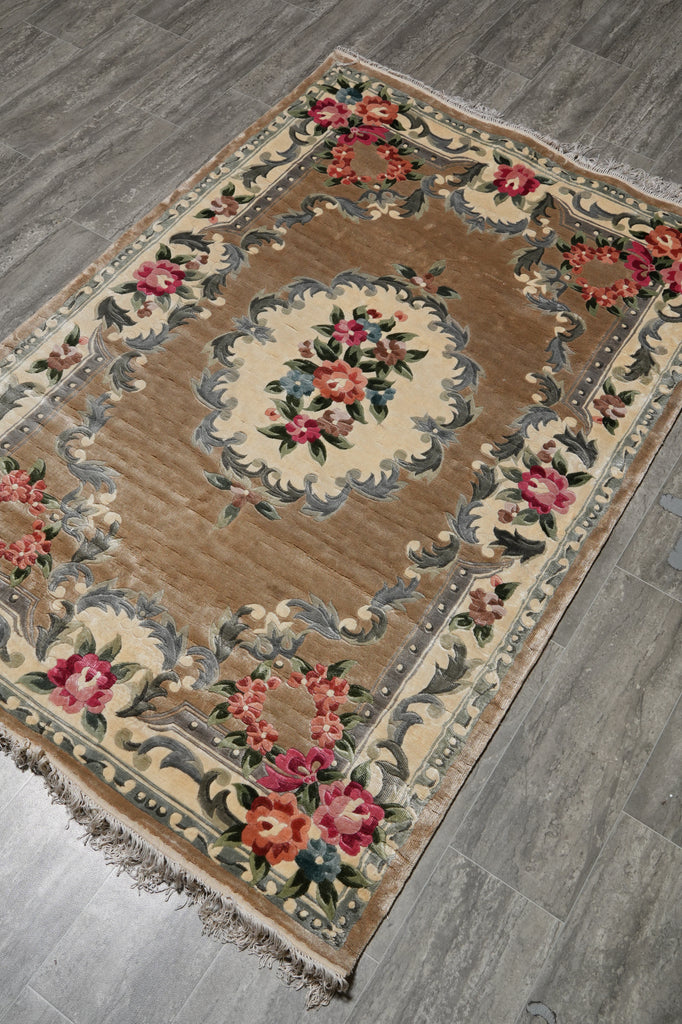 4 x 6 French Aubusson Handmade Art Silk Rug Gold #PIX-14433