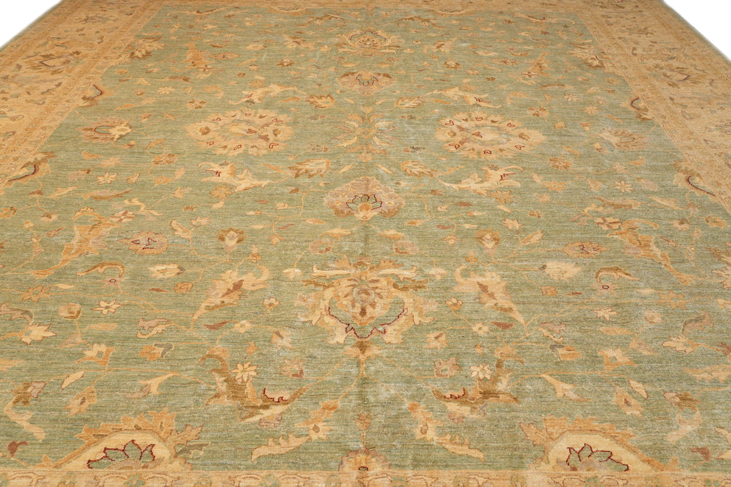 13.11 x 16.1 Chobi Peshawar Rug Light Green Gold #PIX-15451