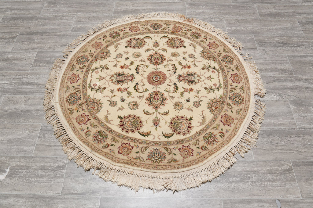 4 x 4 Feet round Quality Handmade Wool and Silk Rug Ivory #F-4209