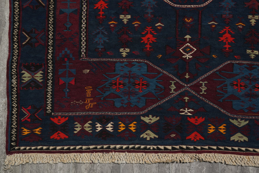 5 x 14.4 Antique Russian Sumak Kilim Rug Eagle Kazak Pattern 1940's #B-78955