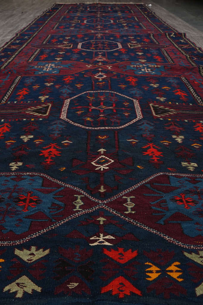 5 x 14.4 Antique Russian Sumak Kilim Rug Eagle Kazak Pattern 1940's #B-78955