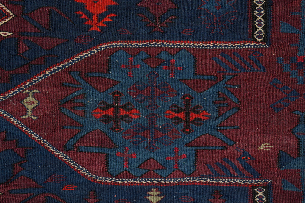 5 x 14.4 Antique Russian Sumak Kilim Rug Eagle Kazak Pattern 1940's #B-78955