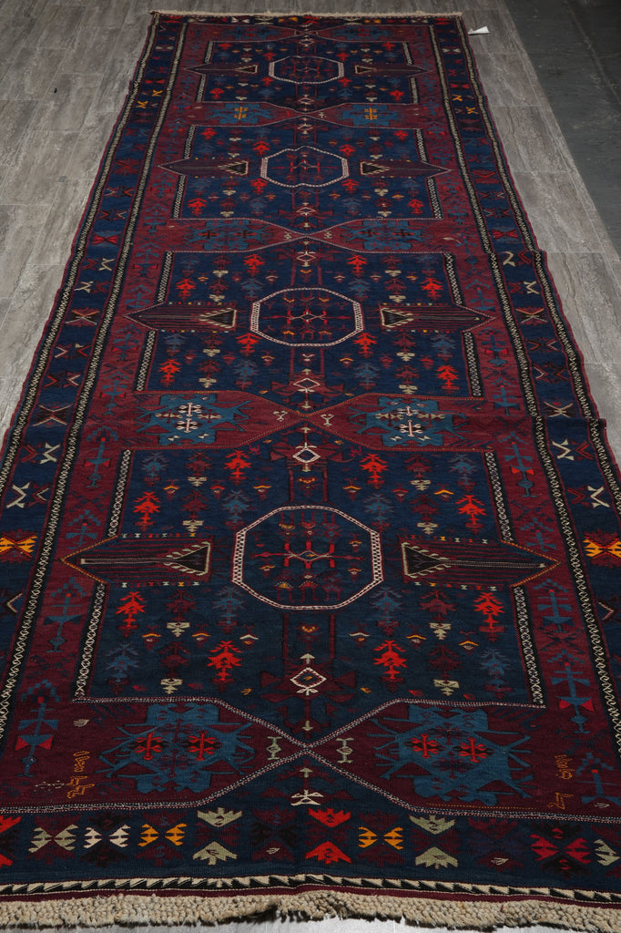 5 x 14.4 Antique Russian Sumak Kilim Rug Eagle Kazak Pattern 1940's #B-78955