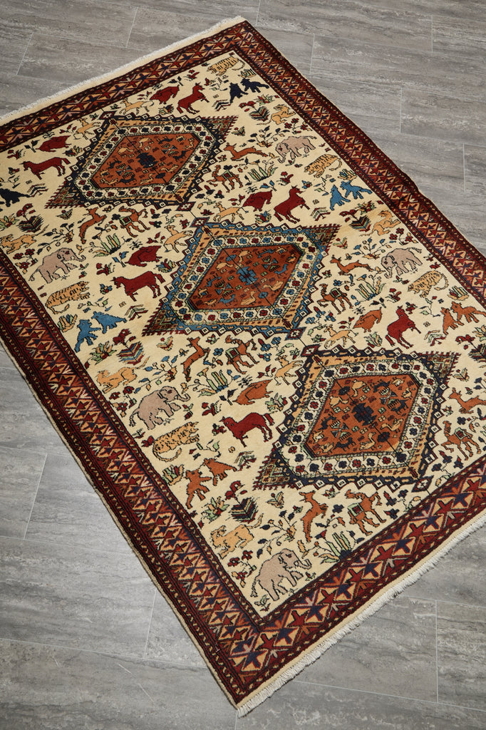 4 x 6  Charactristic Persian Qashkooli Rug Geometric Animal Motif #PIX-16387