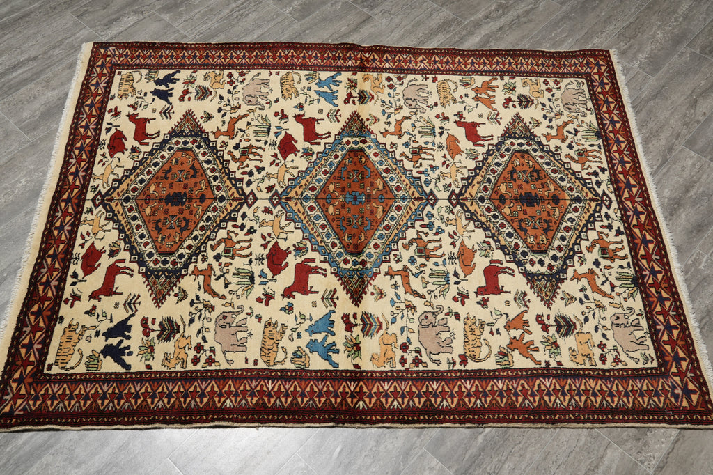 4 x 6  Charactristic Persian Qashkooli Rug Geometric Animal Motif #PIX-16387
