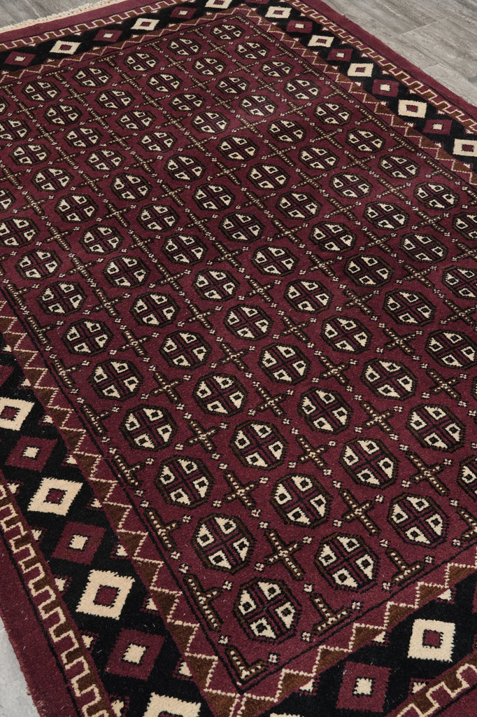 5.8 x 7.10 Handmade India Turkman Bokara Rug Burgundy Black #F-4448