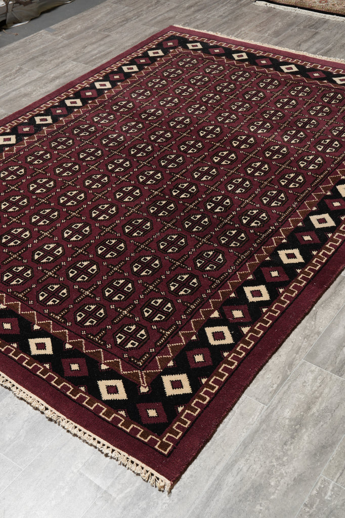 5.8 x 7.10 Handmade India Turkman Bokara Rug Burgundy Black #F-4448