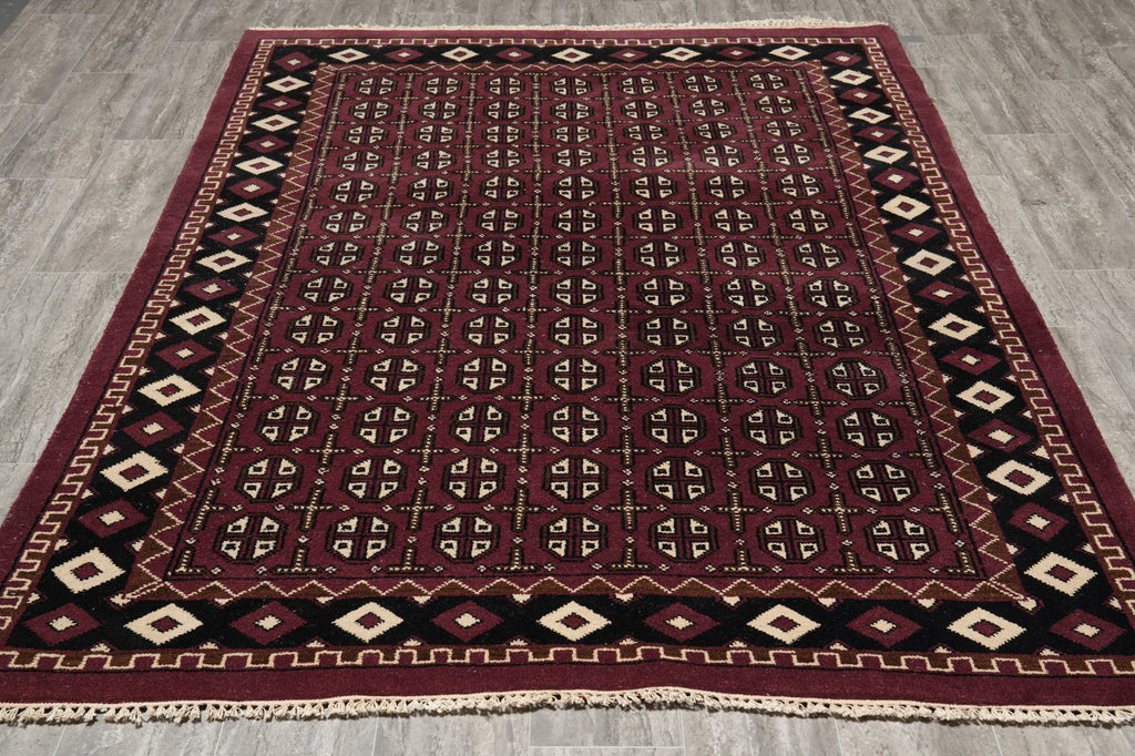 5.8 x 7.10 Handmade India Turkman Bokara Rug Burgundy Black #F-4448