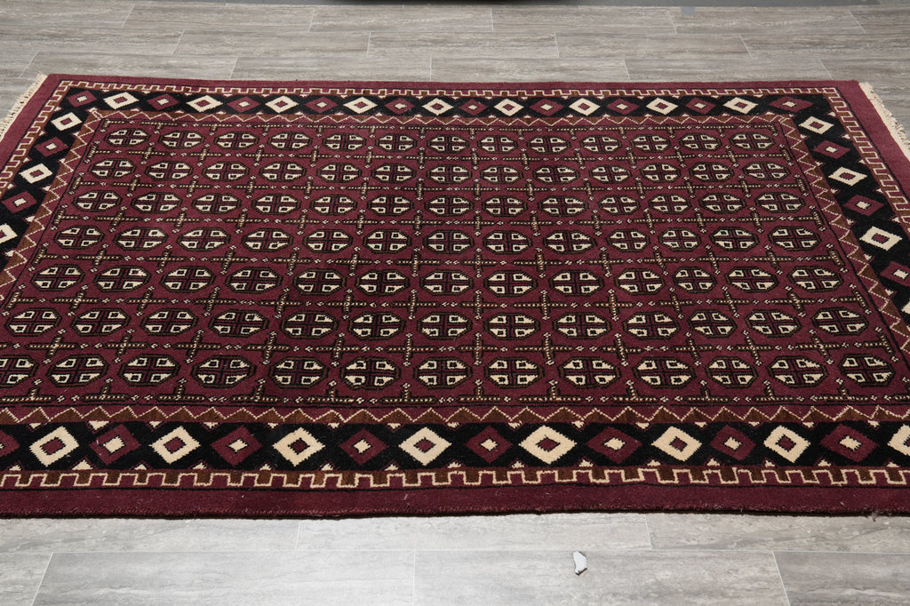 5.8 x 7.10 Handmade India Turkman Bokara Rug Burgundy Black #F-4448