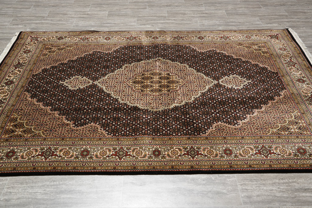5.7 x 7.11 High Quality Handmade India Wool and Silk Tabriz Mahi Rug Black #F-4449