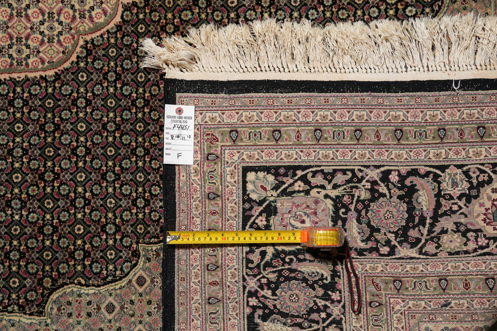 8.10 x 11.10 Black Fine Quality Wool and Silk Tabriz Mahi Handmade Rug #F-4451