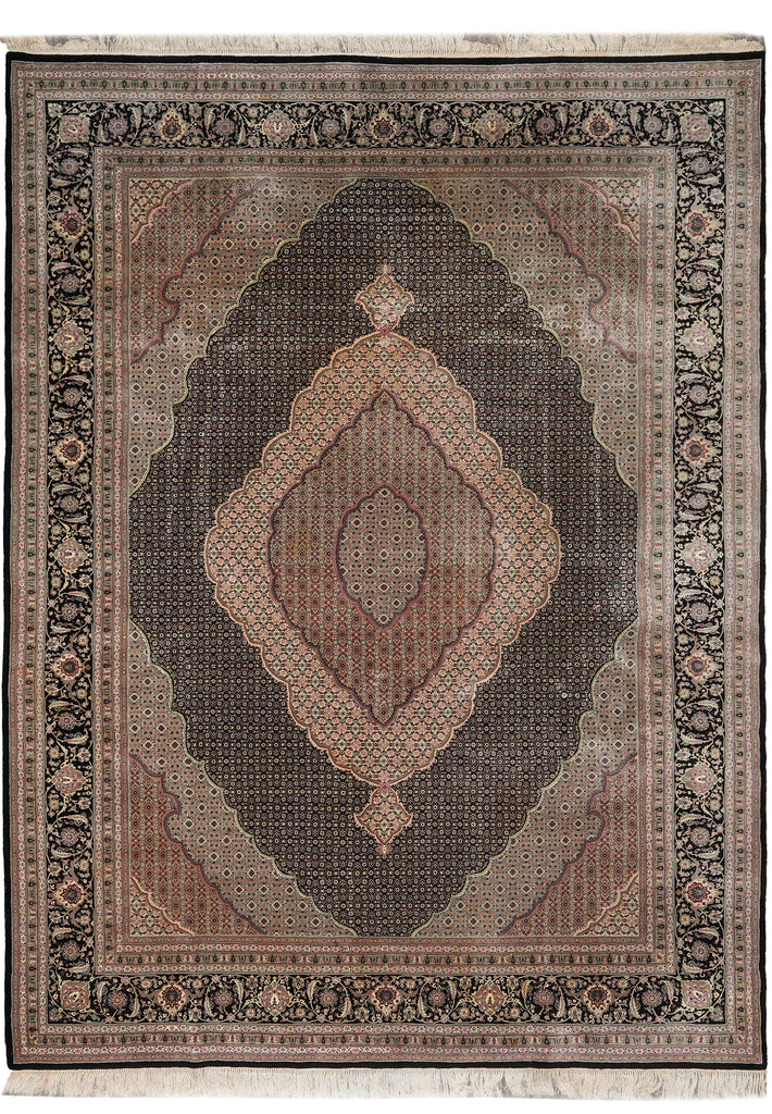 8.10 x 11.10 Black Fine Quality Wool and Silk Tabriz Mahi Handmade Rug #F-4451