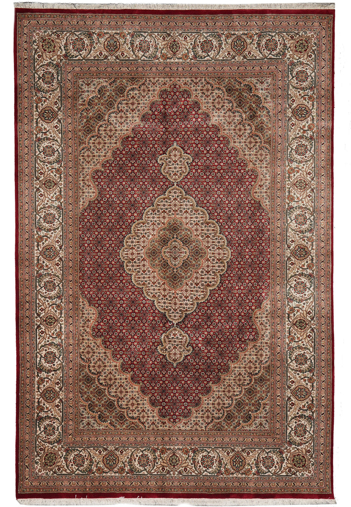 6.8 x 9.8 Rich Ruby Red Wool and Silk Quality Handmade Tabriz Mahi Carpet #PIX-25767