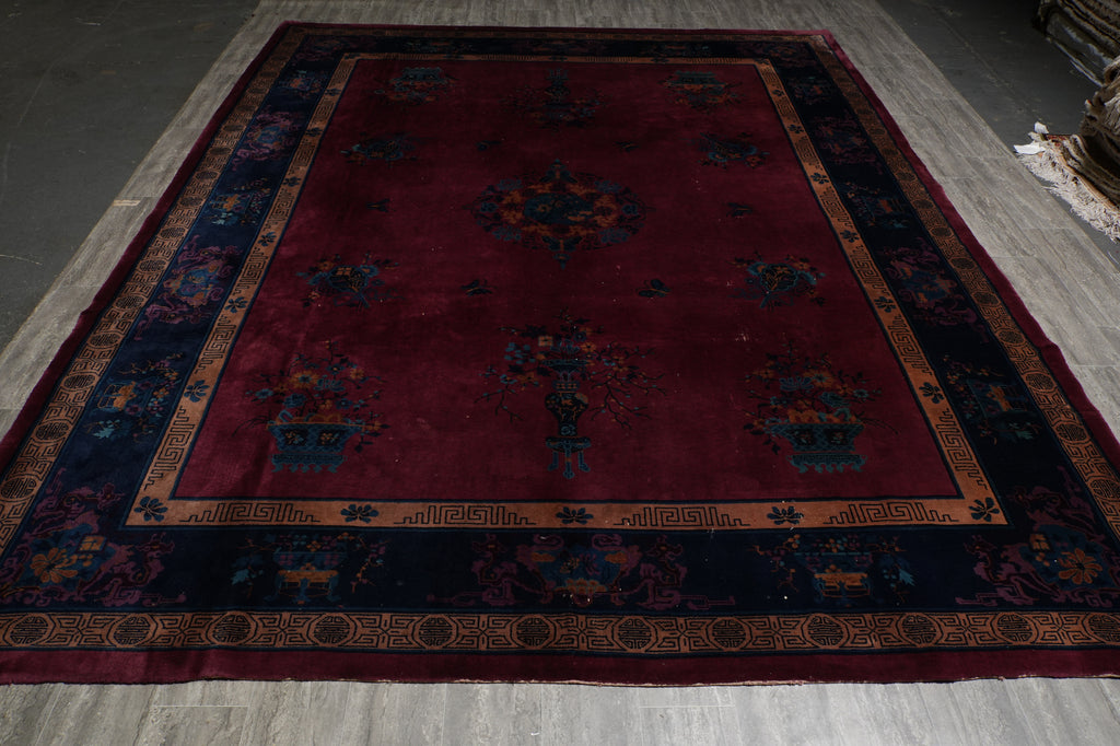 10 x 13 Antique Art Deco Chinese Rug Plum - view 3