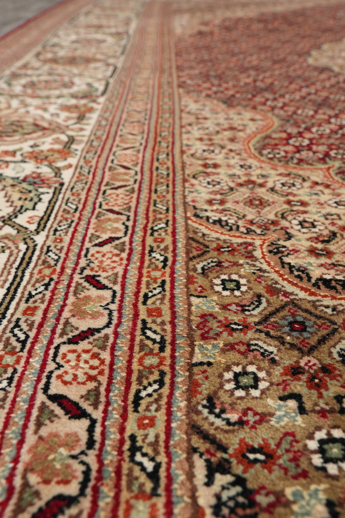 6.8 x 9.8 Rich Ruby Red Wool and Silk Quality Handmade Tabriz Mahi Carpet #PIX-25767