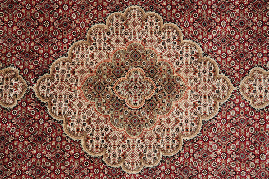 6.8 x 9.8 Rich Ruby Red Wool and Silk Quality Handmade Tabriz Mahi Carpet #PIX-25767