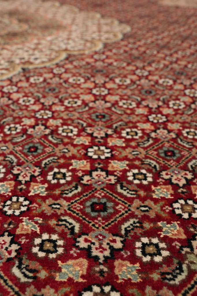 6.8 x 9.8 Rich Ruby Red Wool and Silk Quality Handmade Tabriz Mahi Carpet #PIX-25767