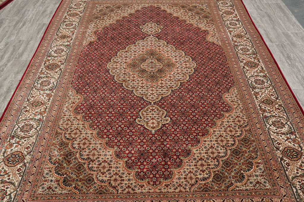 6.8 x 9.8 Rich Ruby Red Wool and Silk Quality Handmade Tabriz Mahi Carpet #PIX-25767