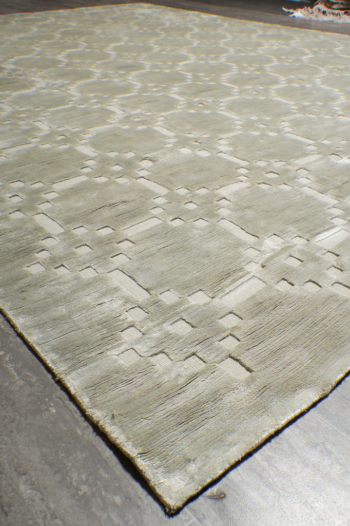 8 x 10 Contemporary Handmade Rug One Color Light Green Bambo Silk Raised Carved Pile #F-3353