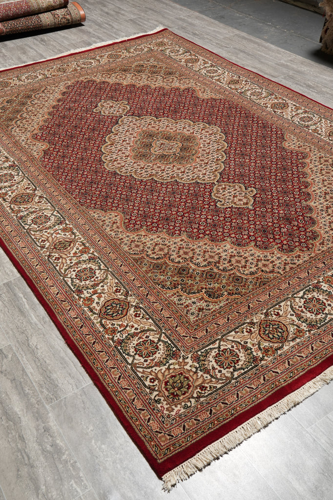 6.8 x 9.8 Rich Ruby Red Wool and Silk Quality Handmade Tabriz Mahi Carpet #PIX-25767