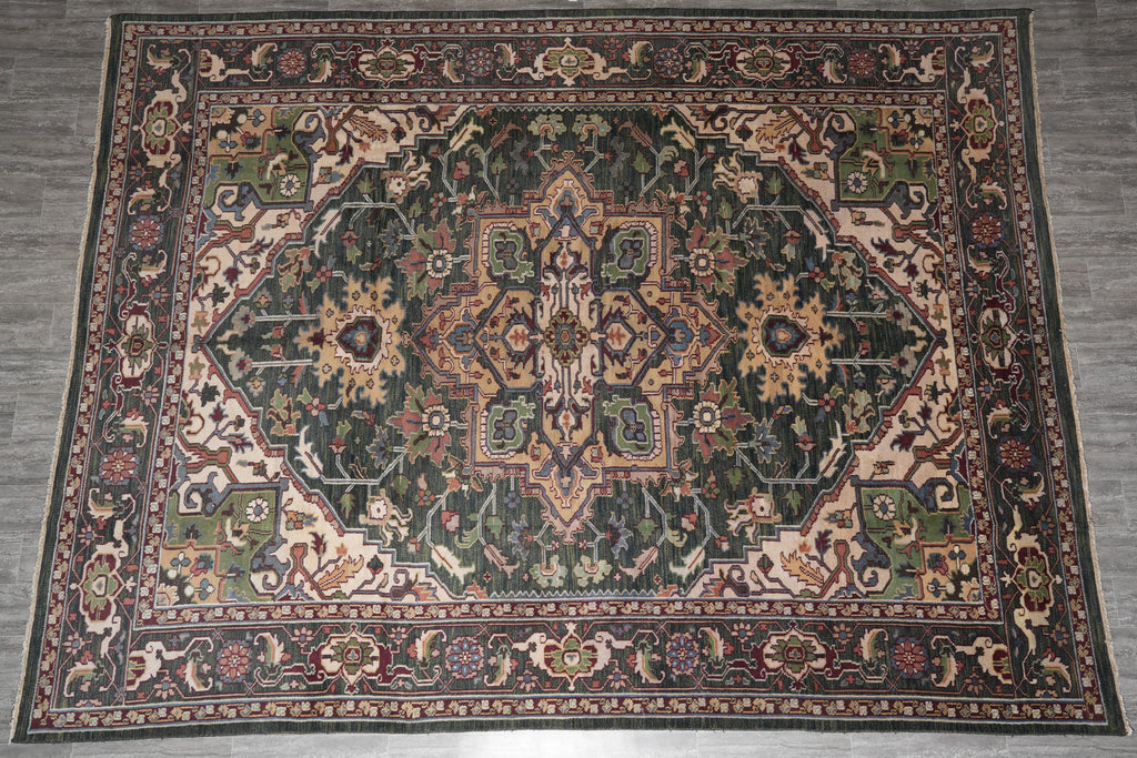 10.9 x 14.1 New Handmade Serapi Heriz Rug Green #F-4149