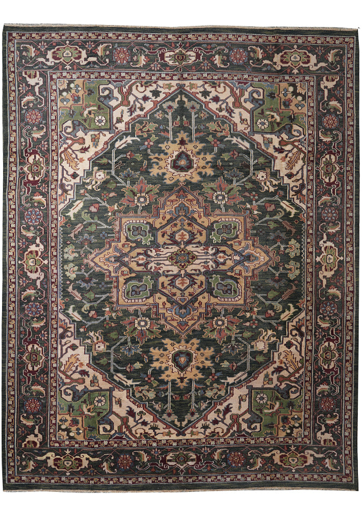 10.9 x 14.1 New Handmade Serapi Heriz Rug Green #F-4149