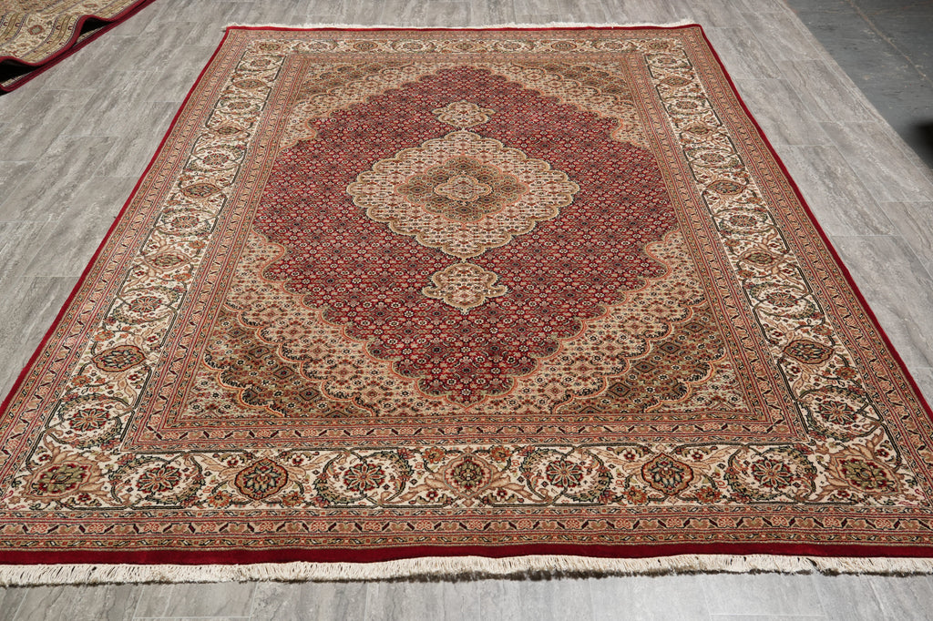 6.8 x 9.8 Rich Ruby Red Wool and Silk Quality Handmade Tabriz Mahi Carpet #PIX-25767